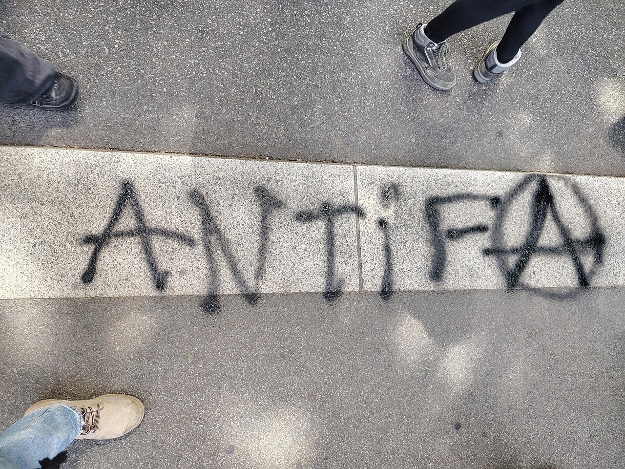 Tag reading Antifa with a Circle-A during the demonstration of 1st May 2026 in Nantes